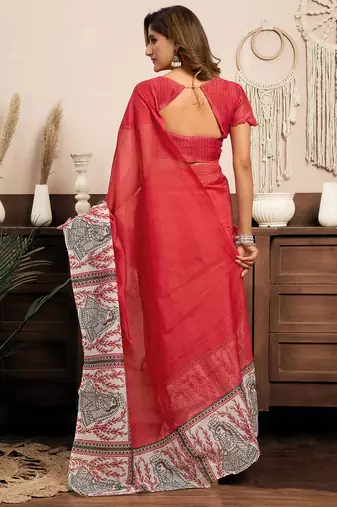 Red linen plain printed ready to wear saree