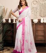 White linen floral printed ready to wear saree
