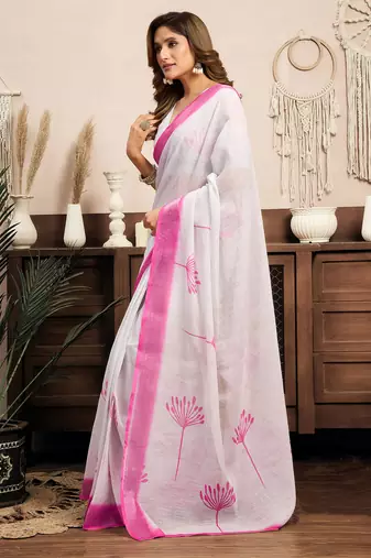 White linen floral printed ready to wear saree