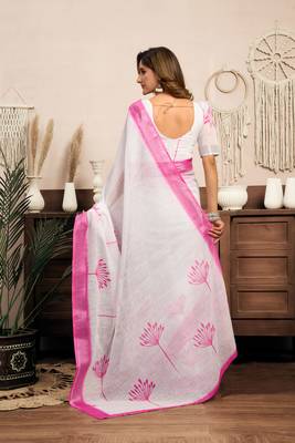 White linen floral printed ready to wear saree 4