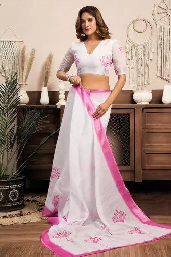 White linen floral printed ready to wear saree