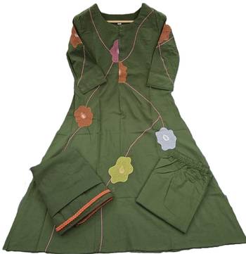 Beautiful jaipuri a green cotton kurta, pant, and dupatta set with floral applique designs and orange piping 5