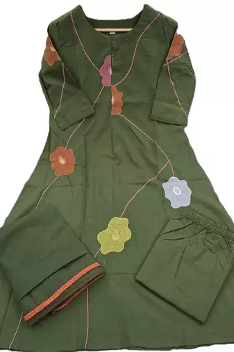 Beautiful jaipuri a green cotton kurta, pant, and dupatta set with floral applique designs and orange piping