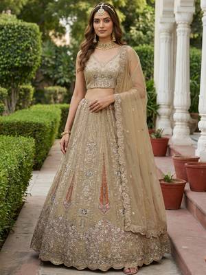 golden diamond work net lehenga set choli with dupatta 1