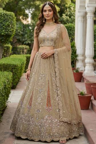 golden diamond work net lehenga set choli with dupatta