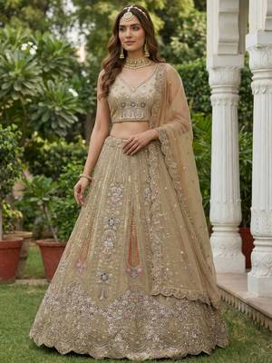 golden diamond work net lehenga set choli with dupatta 2