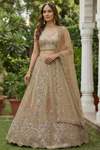 golden diamond work net lehenga set choli with dupatta
