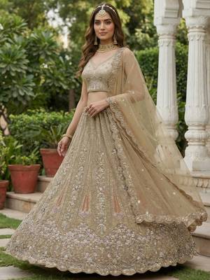 golden diamond work net lehenga set choli with dupatta 3