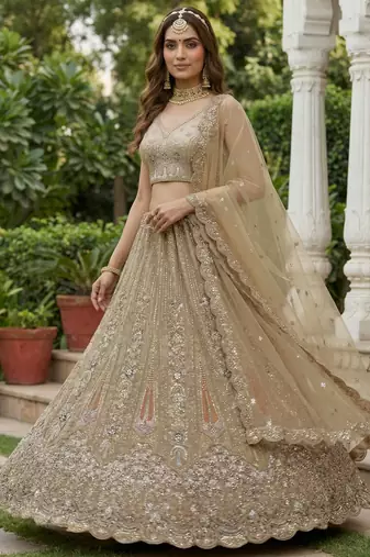 golden diamond work net lehenga set choli with dupatta