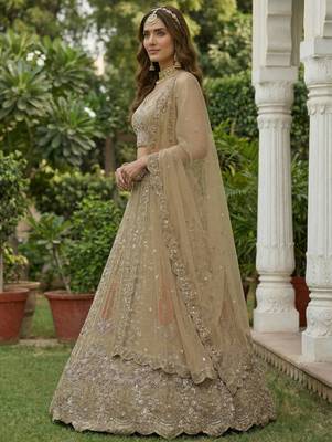 golden diamond work net lehenga set choli with dupatta 4