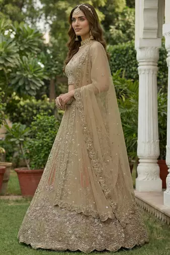 golden diamond work net lehenga set choli with dupatta