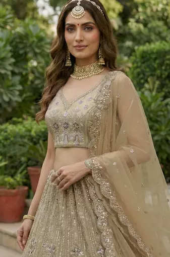 golden diamond work net lehenga set choli with dupatta