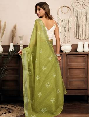 Light olive linen motifs printed ready to wear saree 4