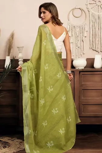 Light olive linen motifs printed ready to wear saree