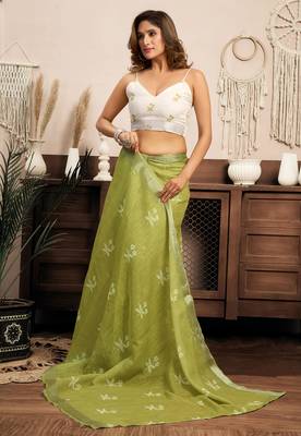 Light olive linen motifs printed ready to wear saree 6