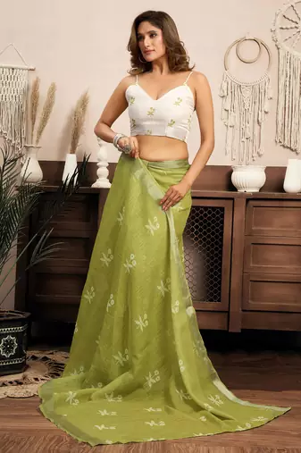 Light olive linen motifs printed ready to wear saree