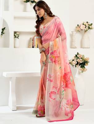 Peach linen floral printed ready to wear saree 2