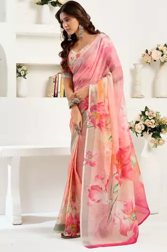 Peach linen floral printed ready to wear saree
