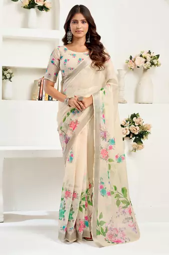 Off white linen floral printed ready to wear saree