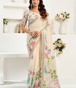 Off white linen floral printed ready to wear saree