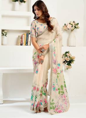 Off white linen floral printed ready to wear saree 2