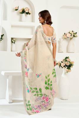 Off white linen floral printed ready to wear saree 3