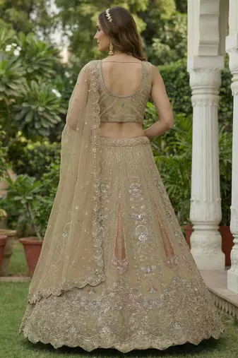 golden diamond work net lehenga set choli with dupatta