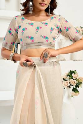 Off white linen floral printed ready to wear saree 4