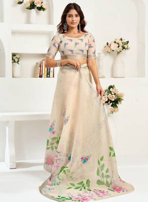 Off white linen floral printed ready to wear saree 5