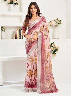 Light pink linen ikat geomatric printed ready to wear saree 1
