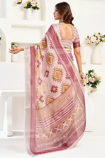 Light pink linen ikat geomatric printed ready to wear saree