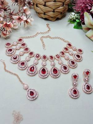 Rose gold-plated Necklace :: set with earrings & maang tikka for women     sparkling bridal party jewelry 1