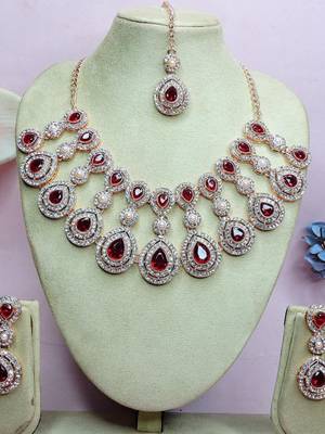Rose gold-plated Necklace :: set with earrings & maang tikka for women     sparkling bridal party jewelry 2