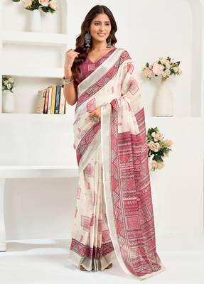 Off white linen geomatric printed ready to wear saree 1