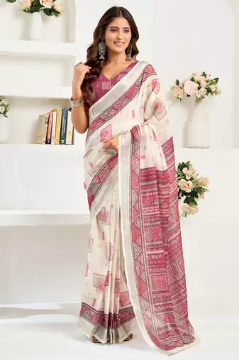 Off white linen geomatric printed ready to wear saree