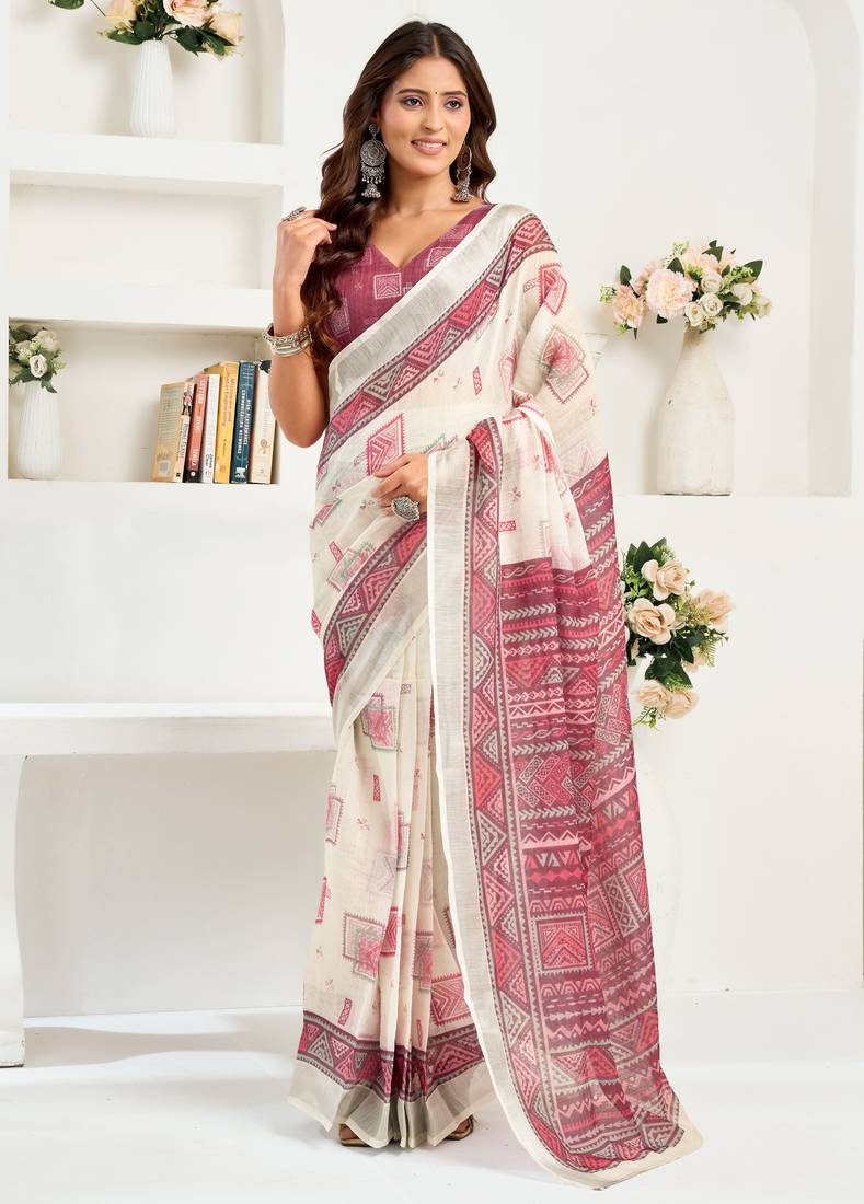 Off white linen geomatric printed ready to wear saree