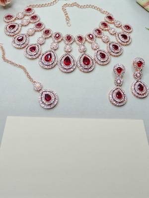 Rose gold-plated Necklace :: set with earrings & maang tikka for women     sparkling bridal party jewelry 3