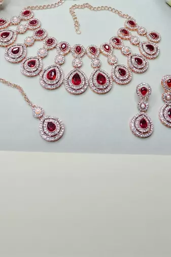 Rose gold-plated Necklace :: set with earrings & maang tikka for women     sparkling bridal party jewelry