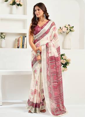 Off white linen geomatric printed ready to wear saree 2