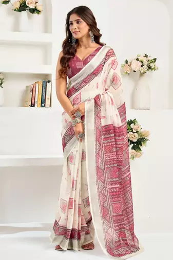 Off white linen geomatric printed ready to wear saree