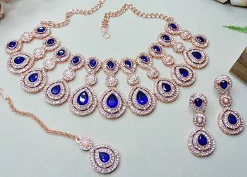 Rose gold-plated Necklace :: set with earrings & maang tikka for women     sparkling bridal party jewelry 1