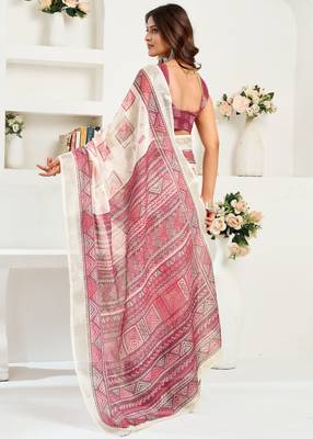Off white linen geomatric printed ready to wear saree 3