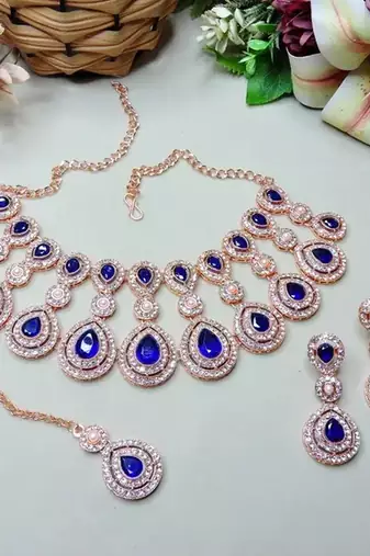 Rose gold-plated Necklace :: set with earrings & maang tikka for women     sparkling bridal party jewelry