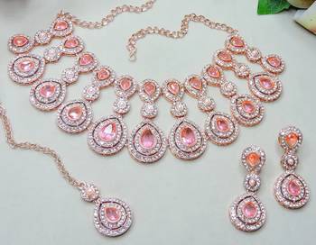 Rose gold-plated Necklace :: set with earrings & maang tikka for women     sparkling bridal party jewelry 1
