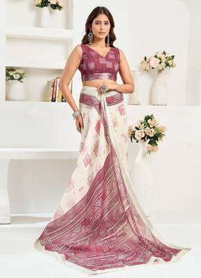 Off white linen geomatric printed ready to wear saree 5