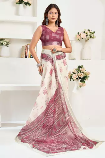 Off white linen geomatric printed ready to wear saree