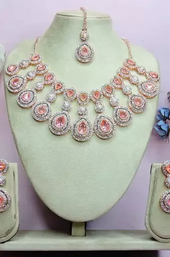 Rose gold-plated Necklace :: set with earrings & maang tikka for women     sparkling bridal party jewelry
