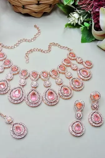 Rose gold-plated Necklace :: set with earrings & maang tikka for women     sparkling bridal party jewelry