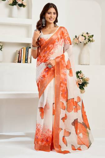 White & orange linen butterfly motifs printed ready to wear saree