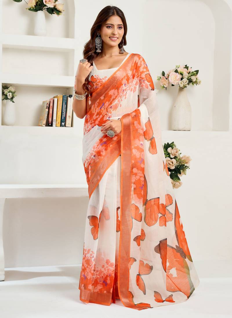 White & orange linen butterfly motifs printed ready to wear saree